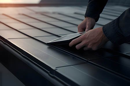 roofer installing solar shingles to roof